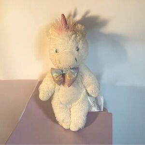 Little Miracles White Fluffy Unicorn 13" Plush Lovey Embroidered Eyes Pink Hair